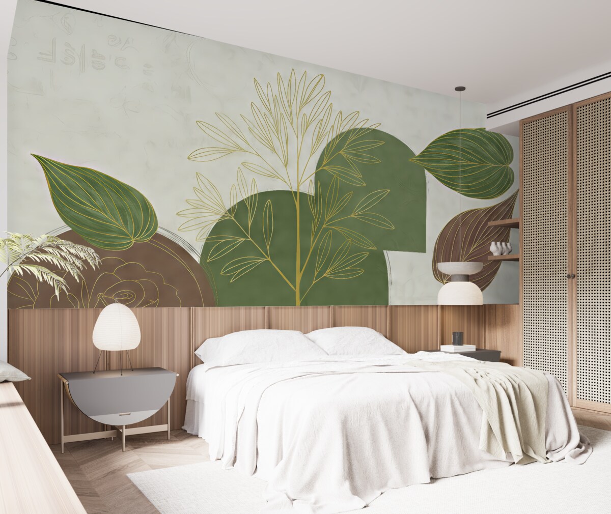 Fototapeta Liście oraz kwiaty, w tym duże zielone liście na pierwszym planie na jasnym tle.