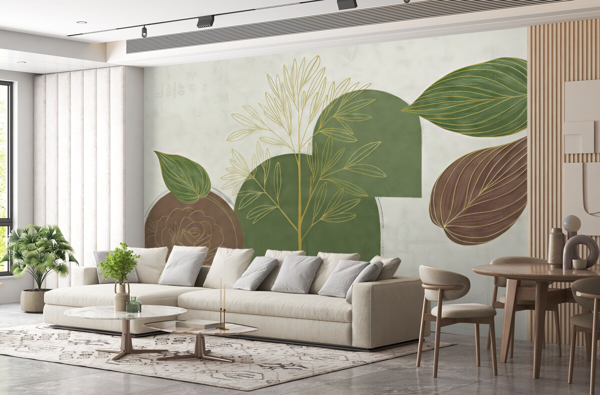 Fototapeta Liście oraz kwiaty, w tym duże zielone liście na pierwszym planie na jasnym tle.