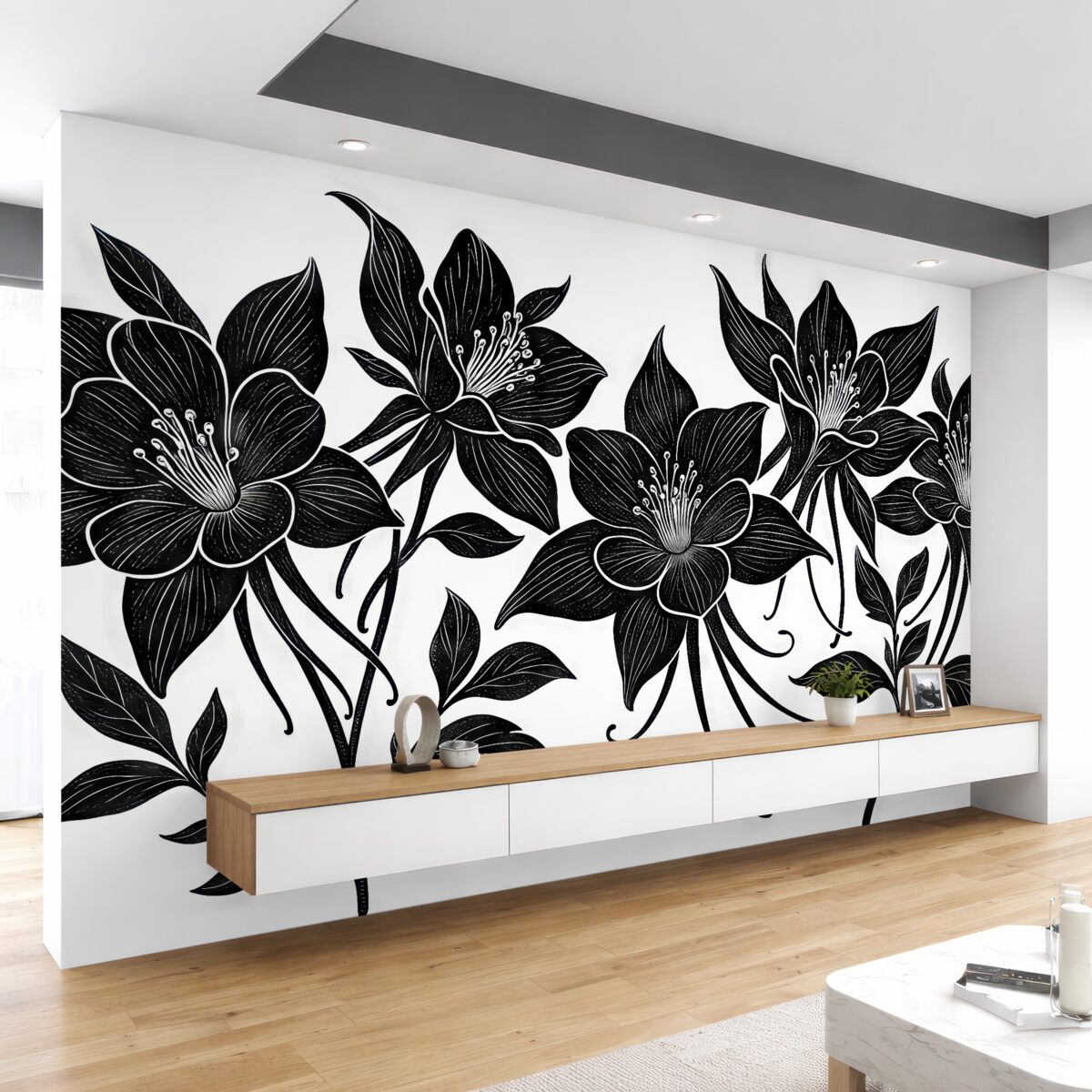 Fototapeta Czarne lilie z białą obwódką na jasnym tle.