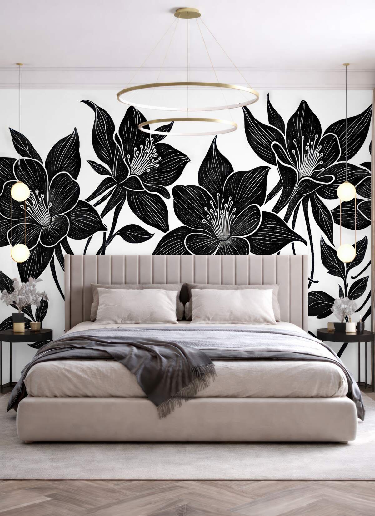 Fototapeta Czarne lilie z białą obwódką na jasnym tle.