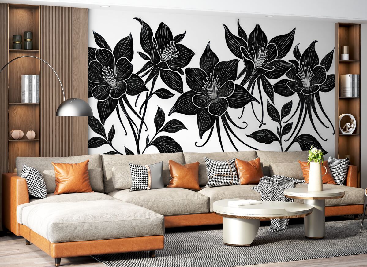 Fototapeta Czarne lilie z białą obwódką na jasnym tle.