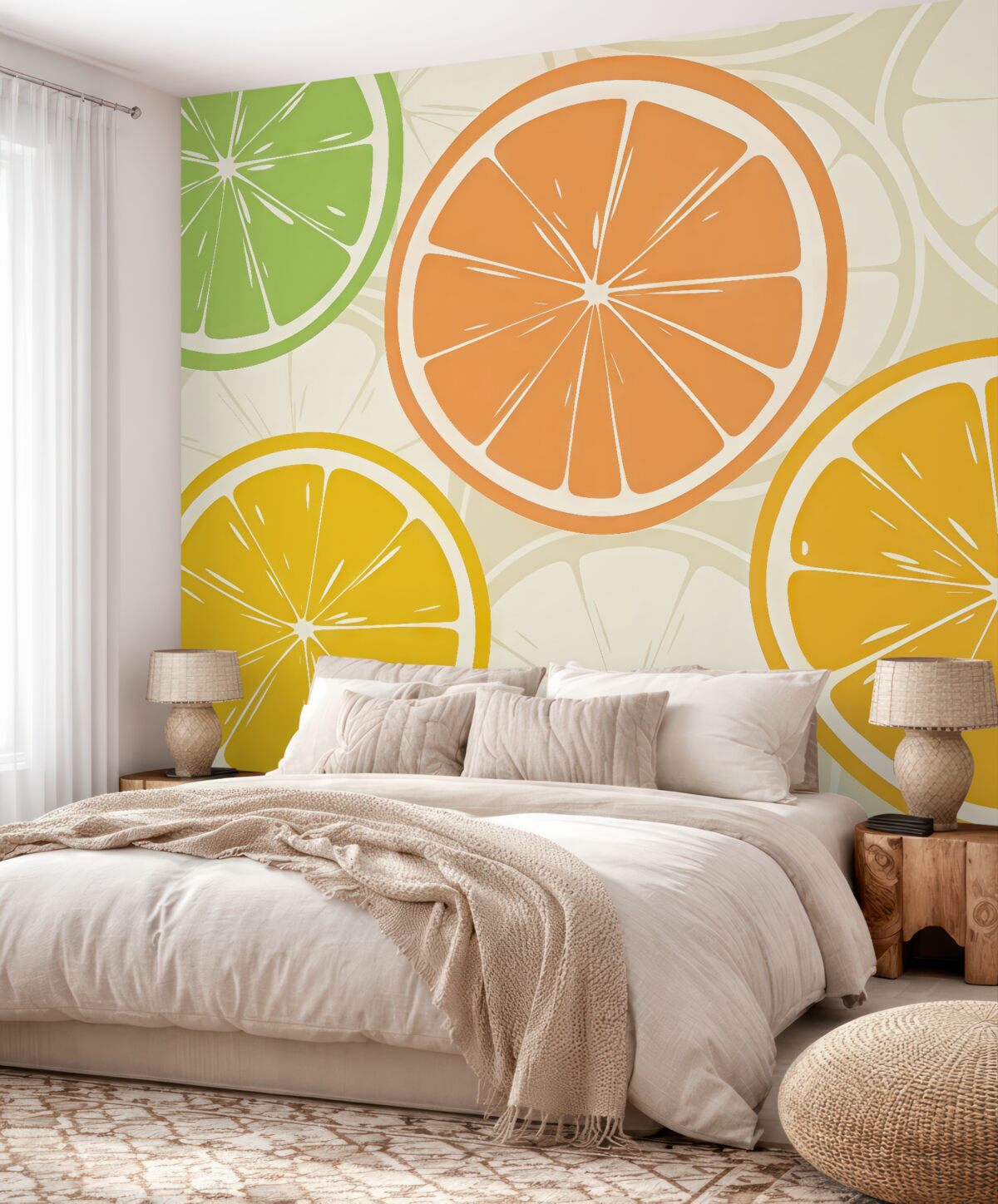 Fototapeta Cytrusy, pomarańcza, limonka, kawałki grejpfruta, plama, abstrakcja, owoce, czerwień, pomarańcza, zieleń.