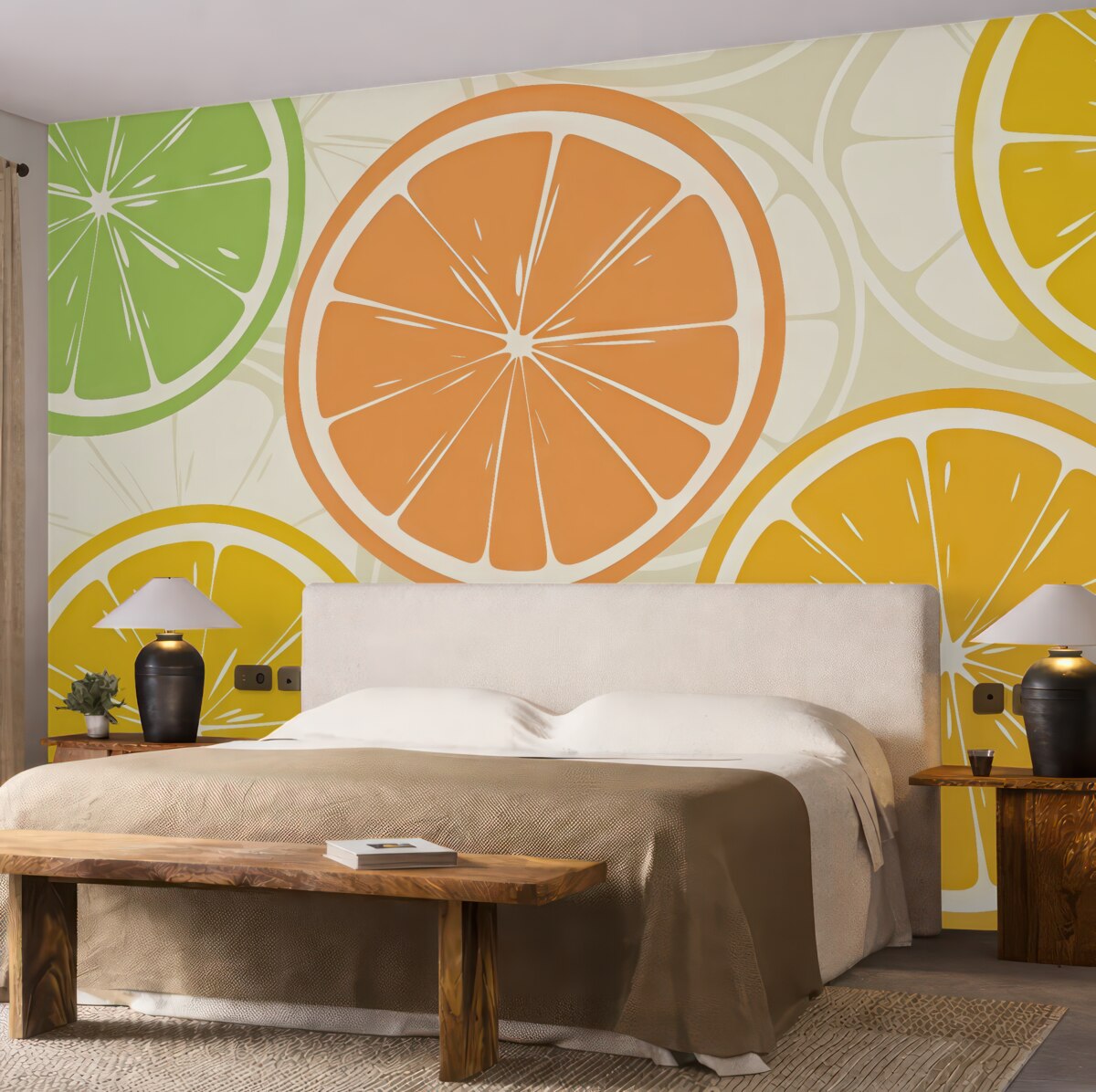 Fototapeta Cytrusy, pomarańcza, limonka, kawałki grejpfruta, plama, abstrakcja, owoce, czerwień, pomarańcza, zieleń.