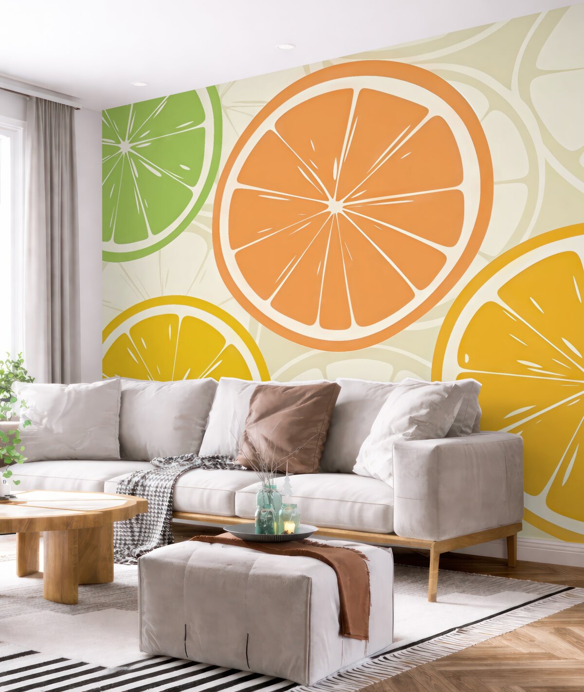 Fototapeta Cytrusy, pomarańcza, limonka, kawałki grejpfruta, plama, abstrakcja, owoce, czerwień, pomarańcza, zieleń.