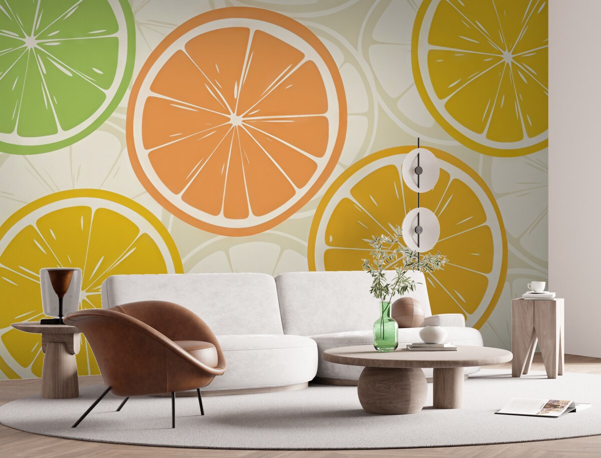 Fototapeta Cytrusy, pomarańcza, limonka, kawałki grejpfruta, plama, abstrakcja, owoce, czerwień, pomarańcza, zieleń.