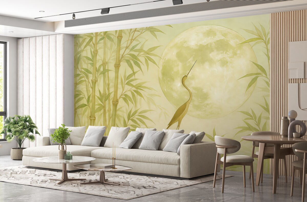 Fototapeta Bambus, konary i pędy, żuraw, luna, azjatycki, zielony oraz kremowy, odcień szary.