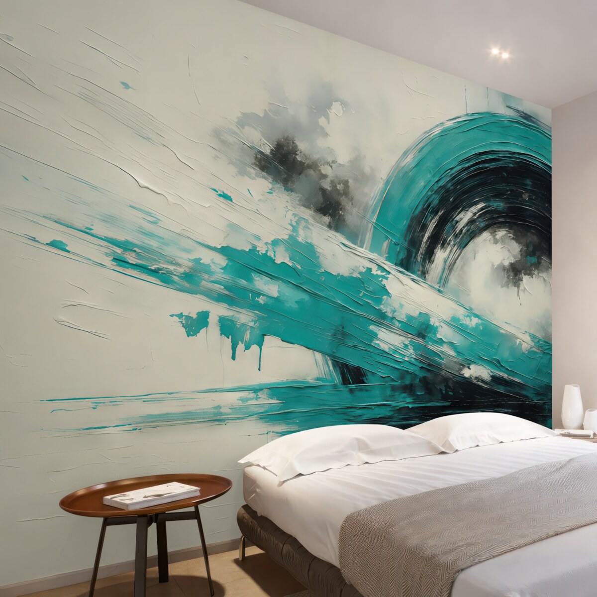 Fototapeta Abstrakcyjna okrągła forma w odcieniach turkusowo-czarnych, malarskie smugi na szarym tle z teksturowanymi rysami.