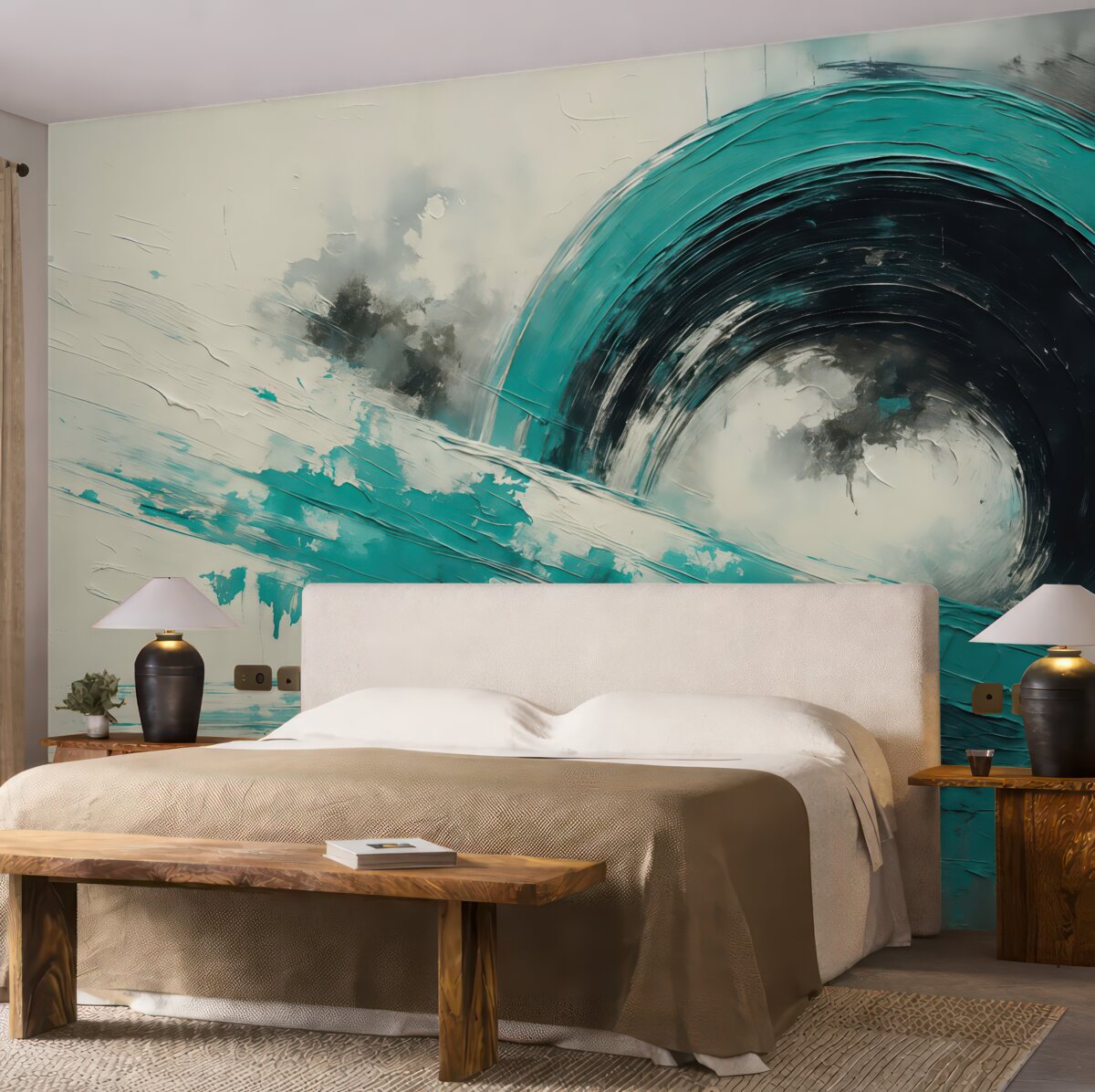 Fototapeta Abstrakcyjna okrągła forma w odcieniach turkusowo-czarnych, malarskie smugi na szarym tle z teksturowanymi rysami.