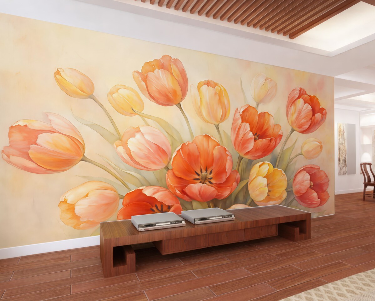 Fototapeta Świeże tulipany na różowym tle udającym