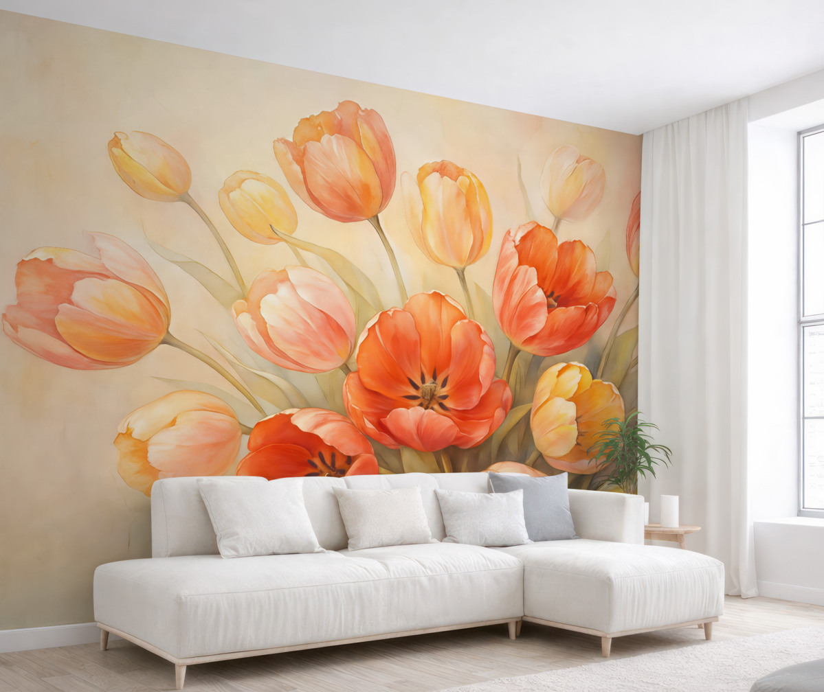 Fototapeta Świeże tulipany na różowym tle udającym