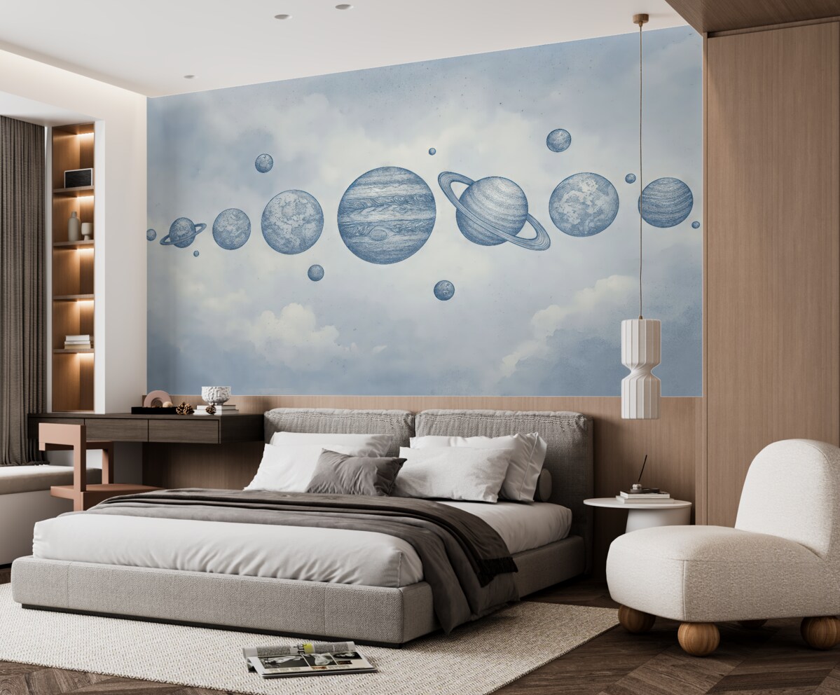 Fototapeta Wędrujące planety na zachmurzonym, pastelowym eterycznym firmamencie.
