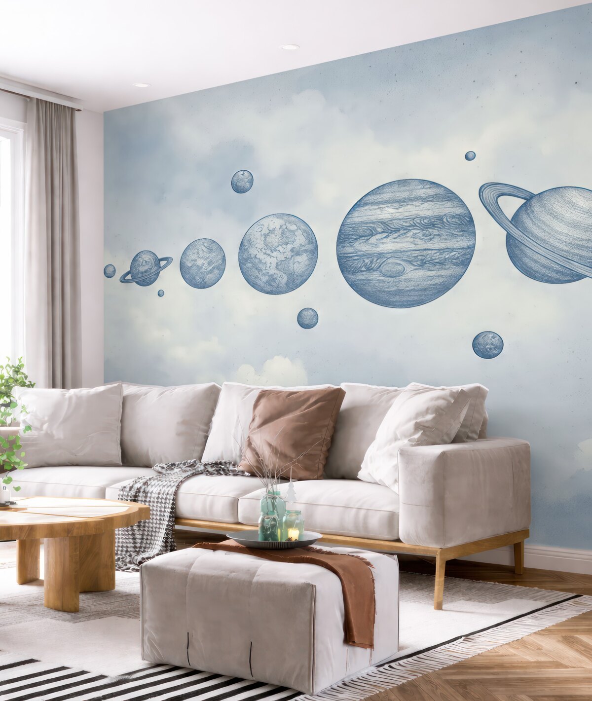 Fototapeta Wędrujące planety na zachmurzonym, pastelowym eterycznym firmamencie.