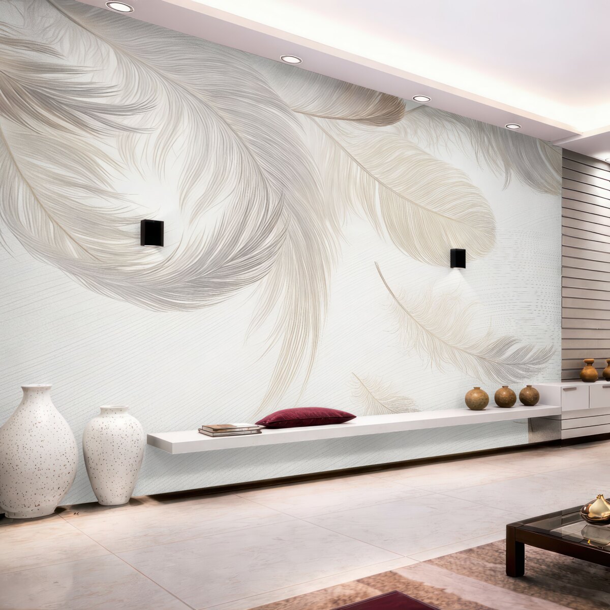 Fototapeta Miękkie, subtelne białe pióra dryfujące na jasnym tle.