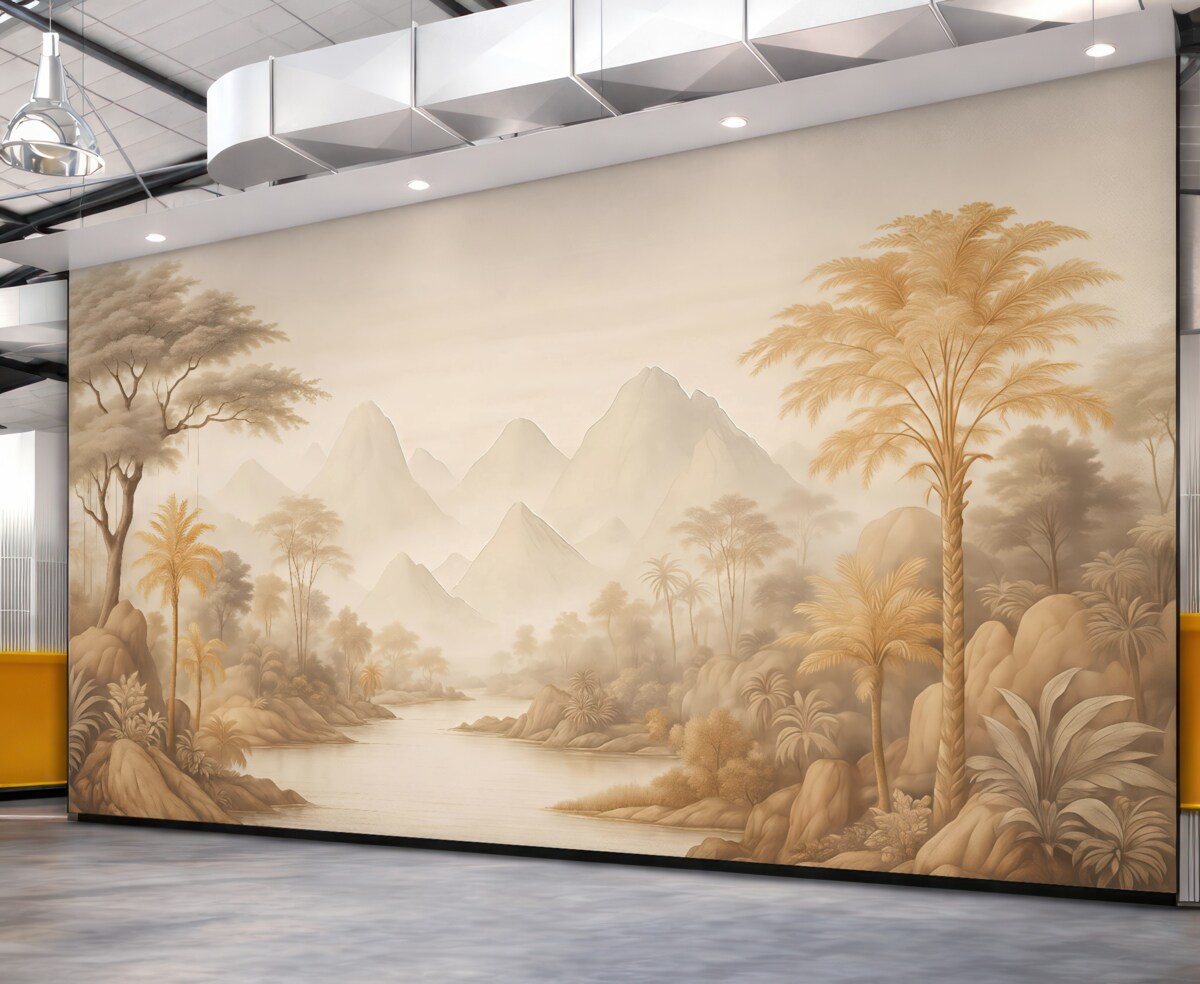 Fototapeta Krajobraz retro z drzewami, palmami przy rzece na tle gór.