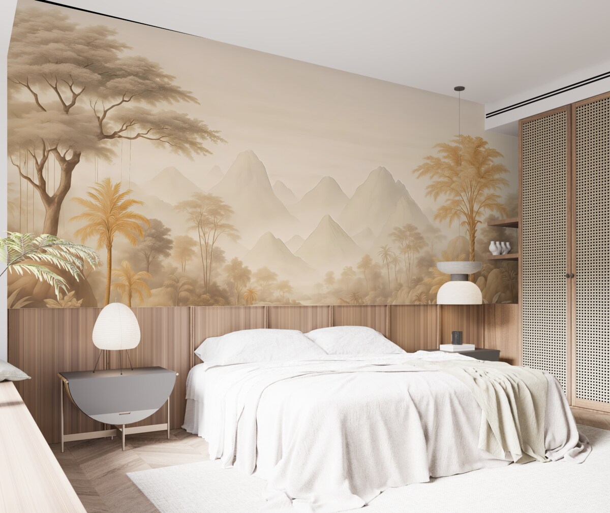 Fototapeta Krajobraz retro z drzewami, palmami przy rzece na tle gór.