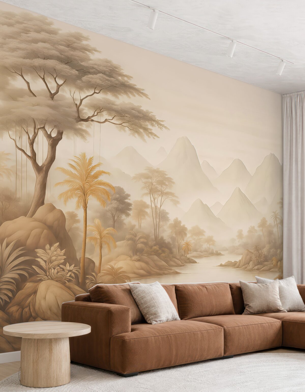 Fototapeta Krajobraz retro z drzewami, palmami przy rzece na tle gór.