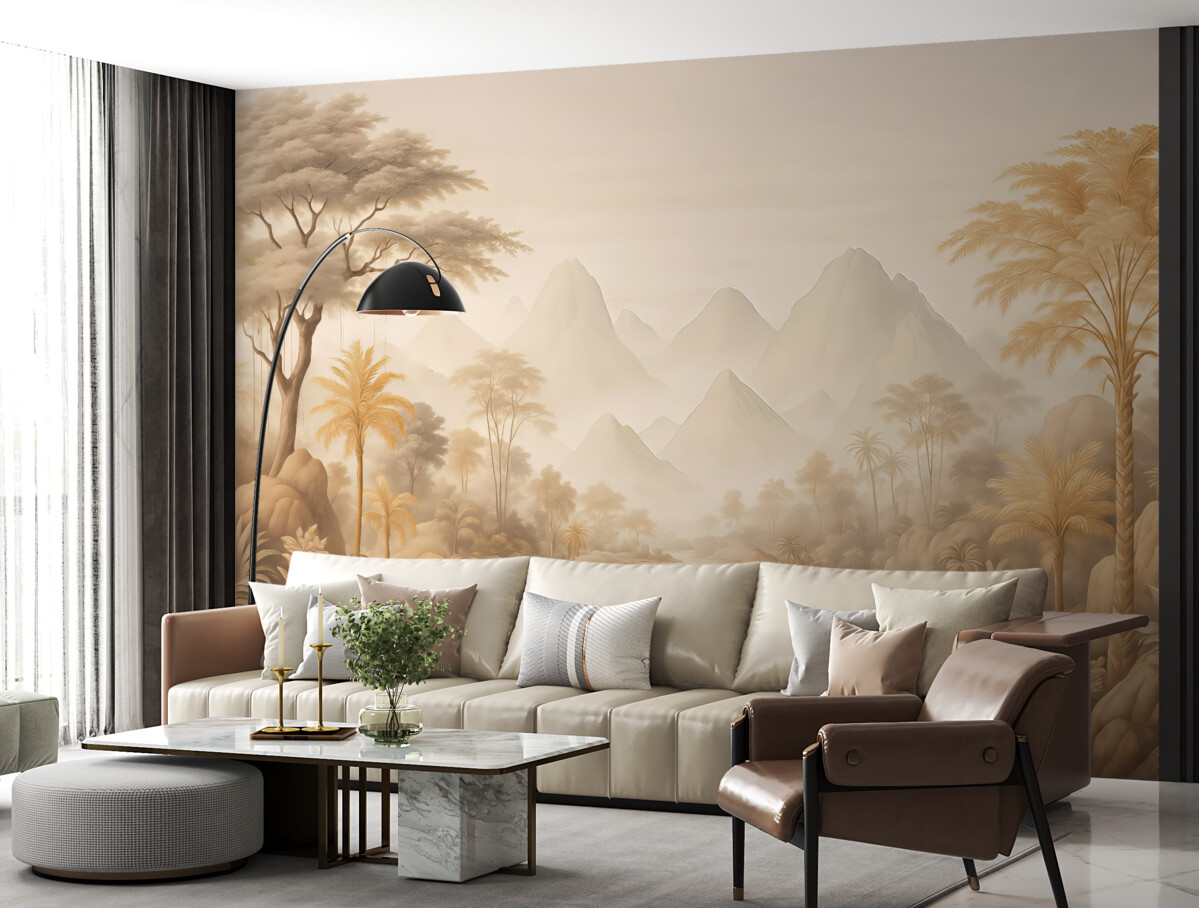 Fototapeta Krajobraz retro z drzewami, palmami przy rzece na tle gór.