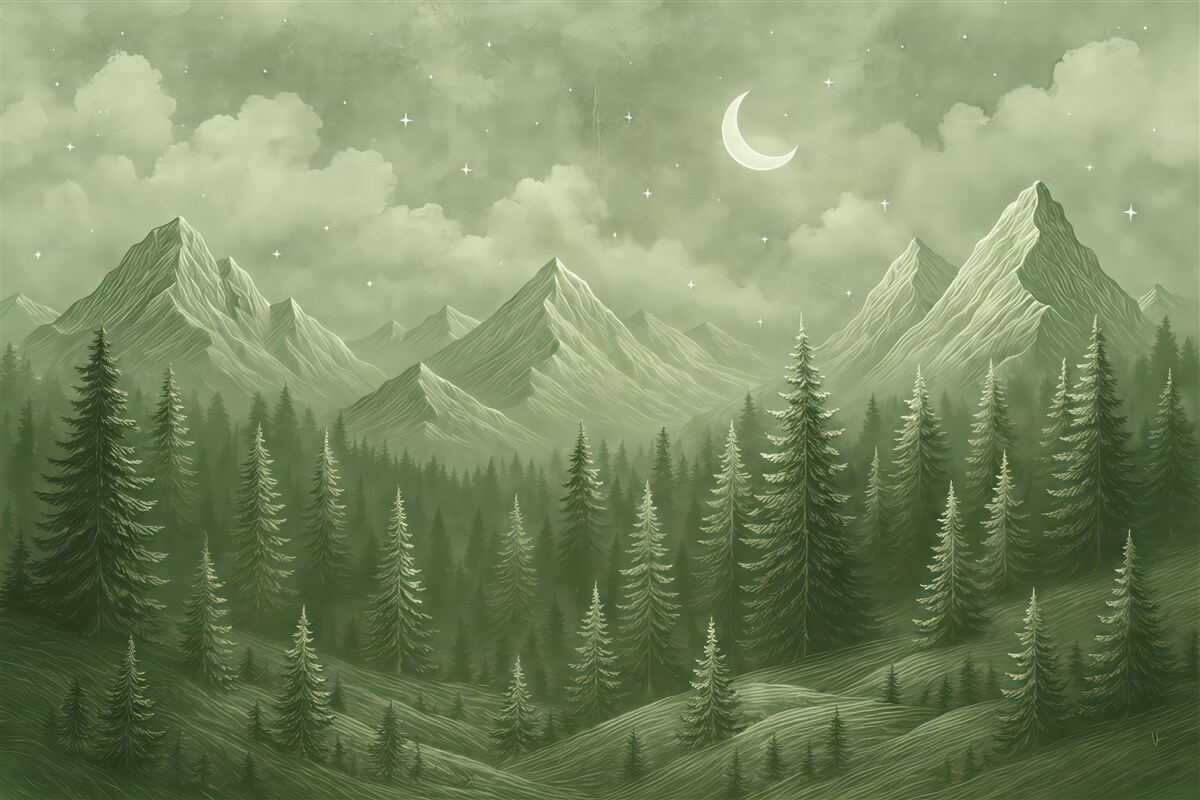 Fototapeta Góry i las, kontur linii, pejzaże naturalne, obłoki, miesiąc, odcienie zieleni.