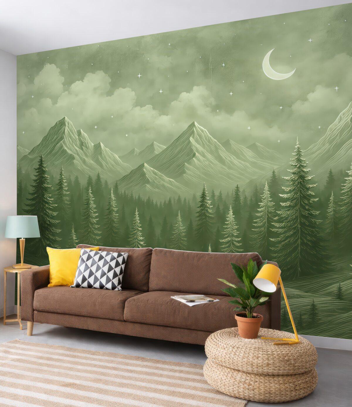 Fototapeta Góry i las, kontur linii, pejzaże naturalne, obłoki, miesiąc, odcienie zieleni.