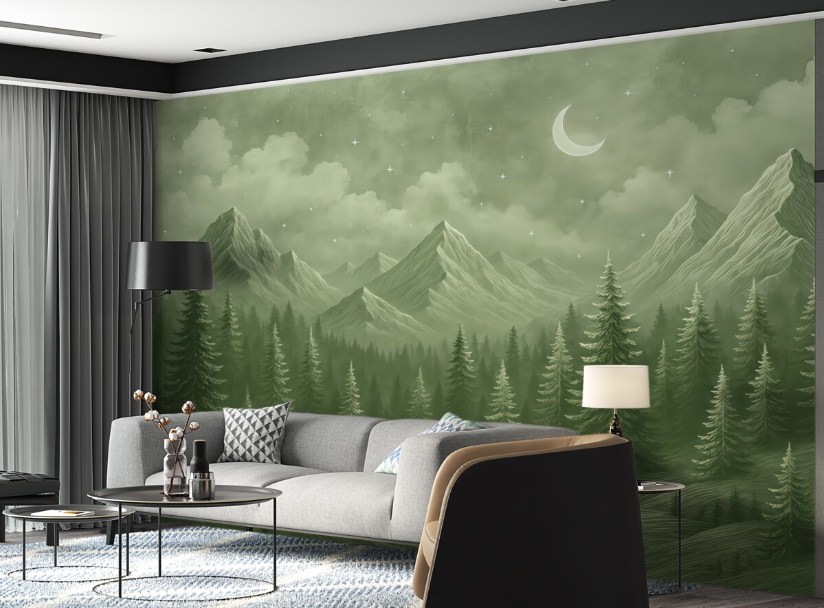 Fototapeta Góry i las, kontur linii, pejzaże naturalne, obłoki, miesiąc, odcienie zieleni.