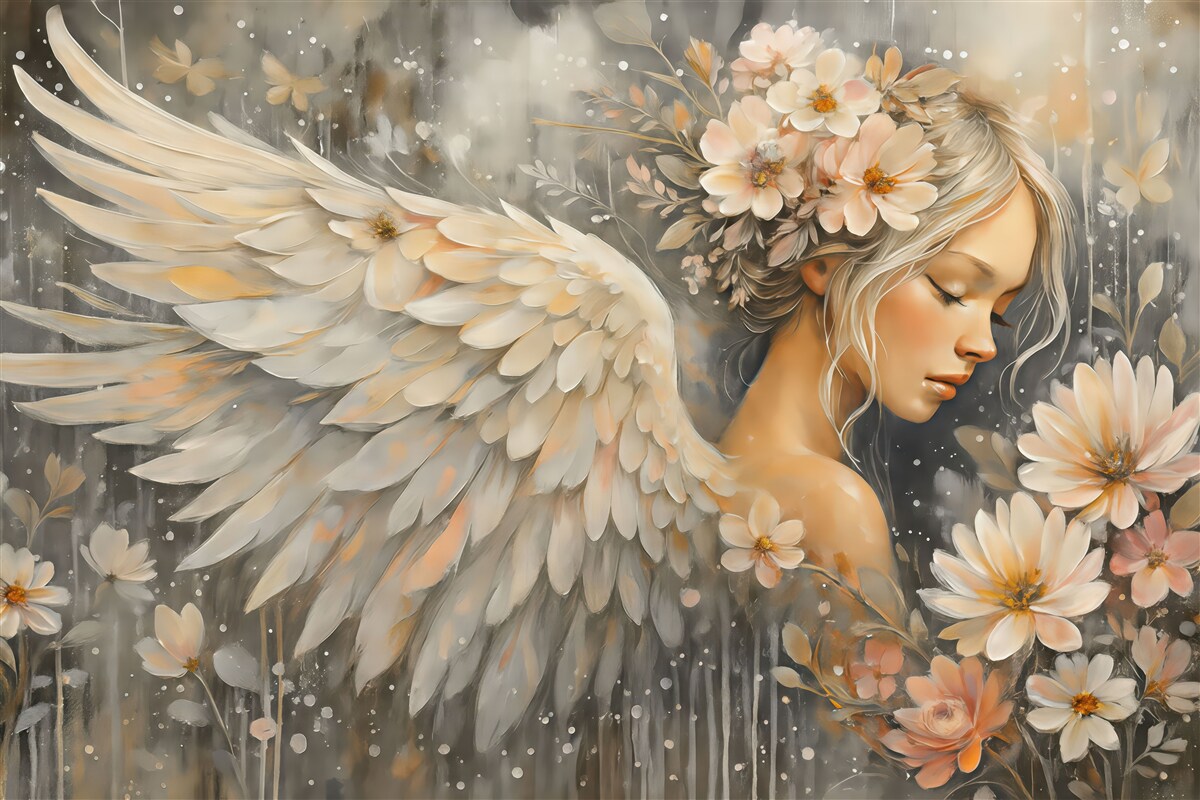 Fototapeta Anioł dziewczyna na szarym tle namalowana olejem.