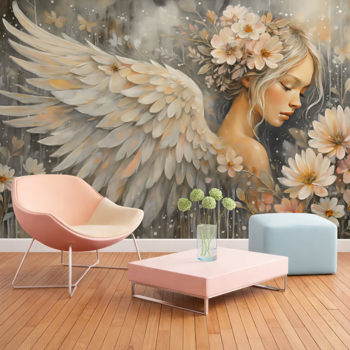 Fototapeta Anioł dziewczyna na szarym tle namalowana olejem.