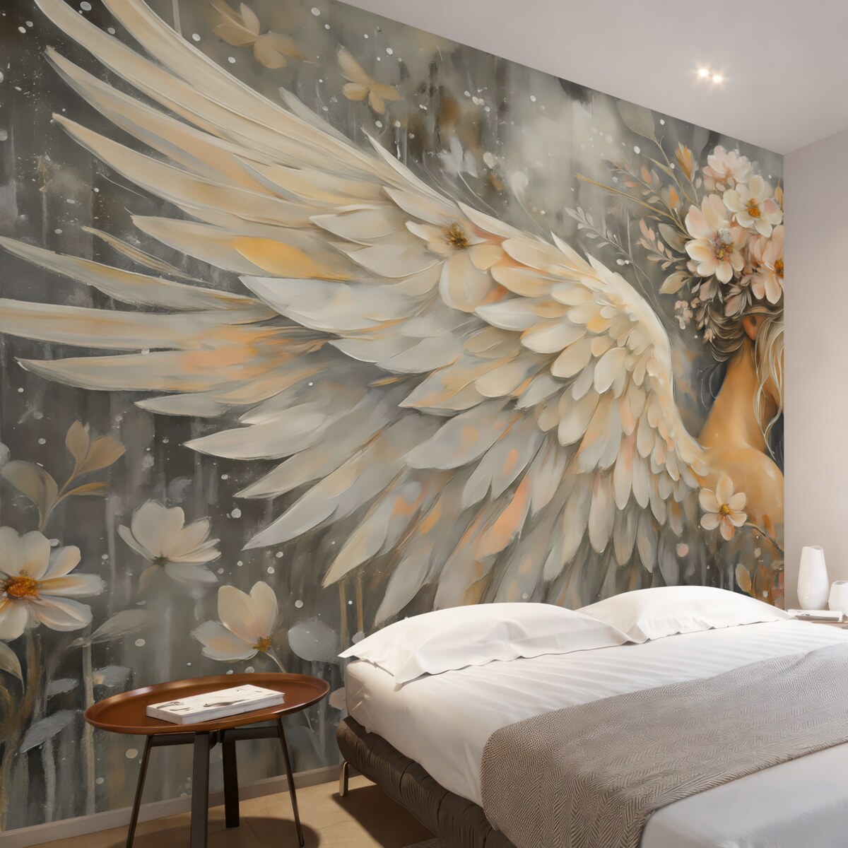 Fototapeta Anioł dziewczyna na szarym tle namalowana olejem.