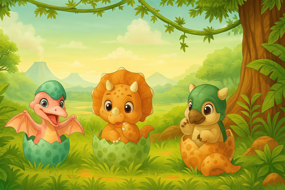 Fototapeta małe dinozaury w skorupach jaj, na skałach, w górach, na zielonej trawie