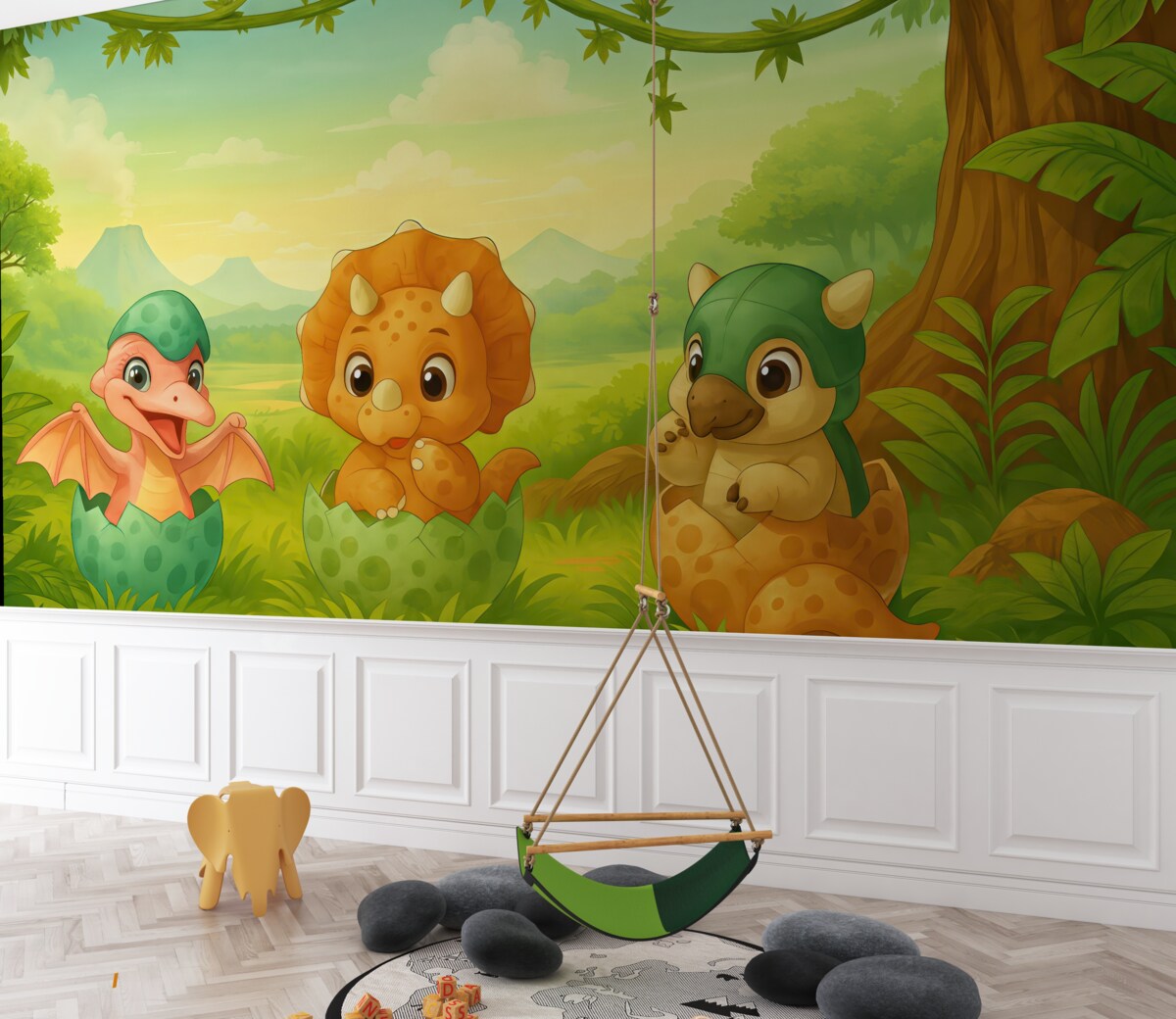 Fototapeta małe dinozaury w skorupach jaj, na skałach, w górach, na zielonej trawie