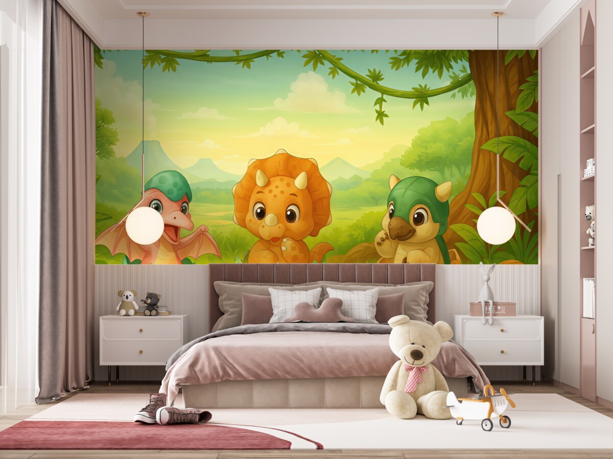 Fototapeta małe dinozaury w skorupach jaj, na skałach, w górach, na zielonej trawie