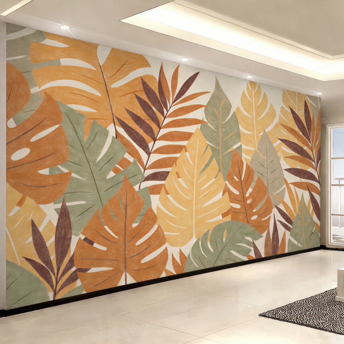 Fototapeta Liście palmowe, tropiki, ołówek naśladujący kształt rośliny, kwiat, zielony, pomarańczowy, szary, fioletowo-czerwony, barwa.