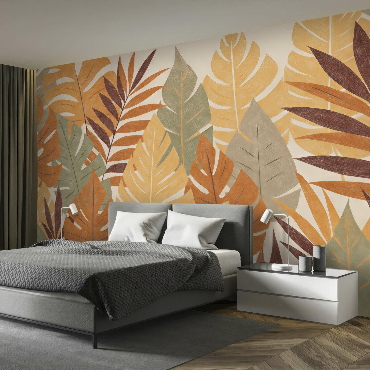 Fototapeta Liście palmowe, tropiki, ołówek naśladujący kształt rośliny, kwiat, zielony, pomarańczowy, szary, fioletowo-czerwony, barwa.