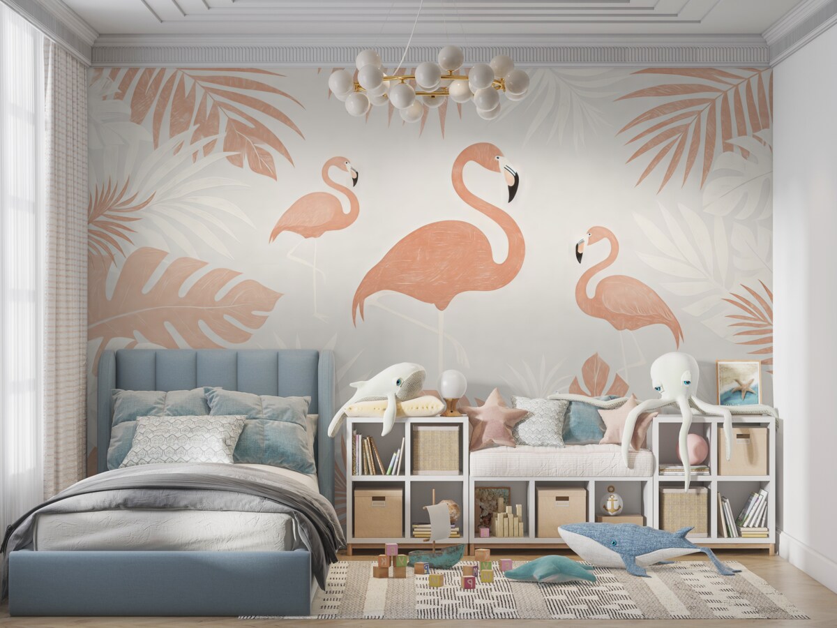 Fototapeta Flamingi pośród tropikalnych liści.