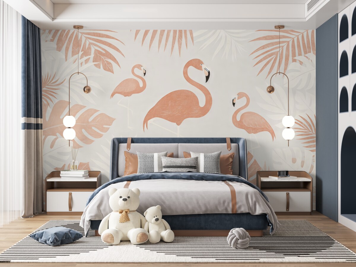 Fototapeta Flamingi pośród tropikalnych liści.