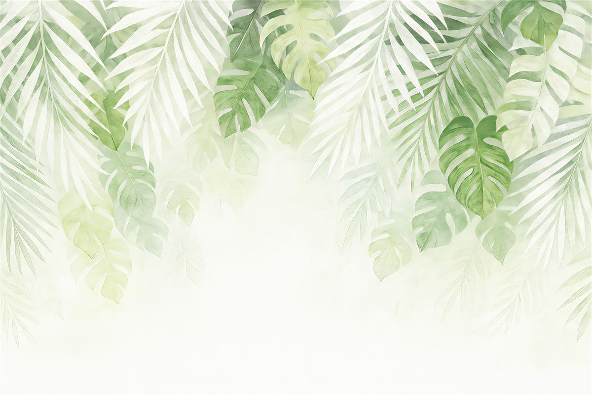 Fototapeta Liście tropikalne oraz gałązki, barwa biała i zielona.