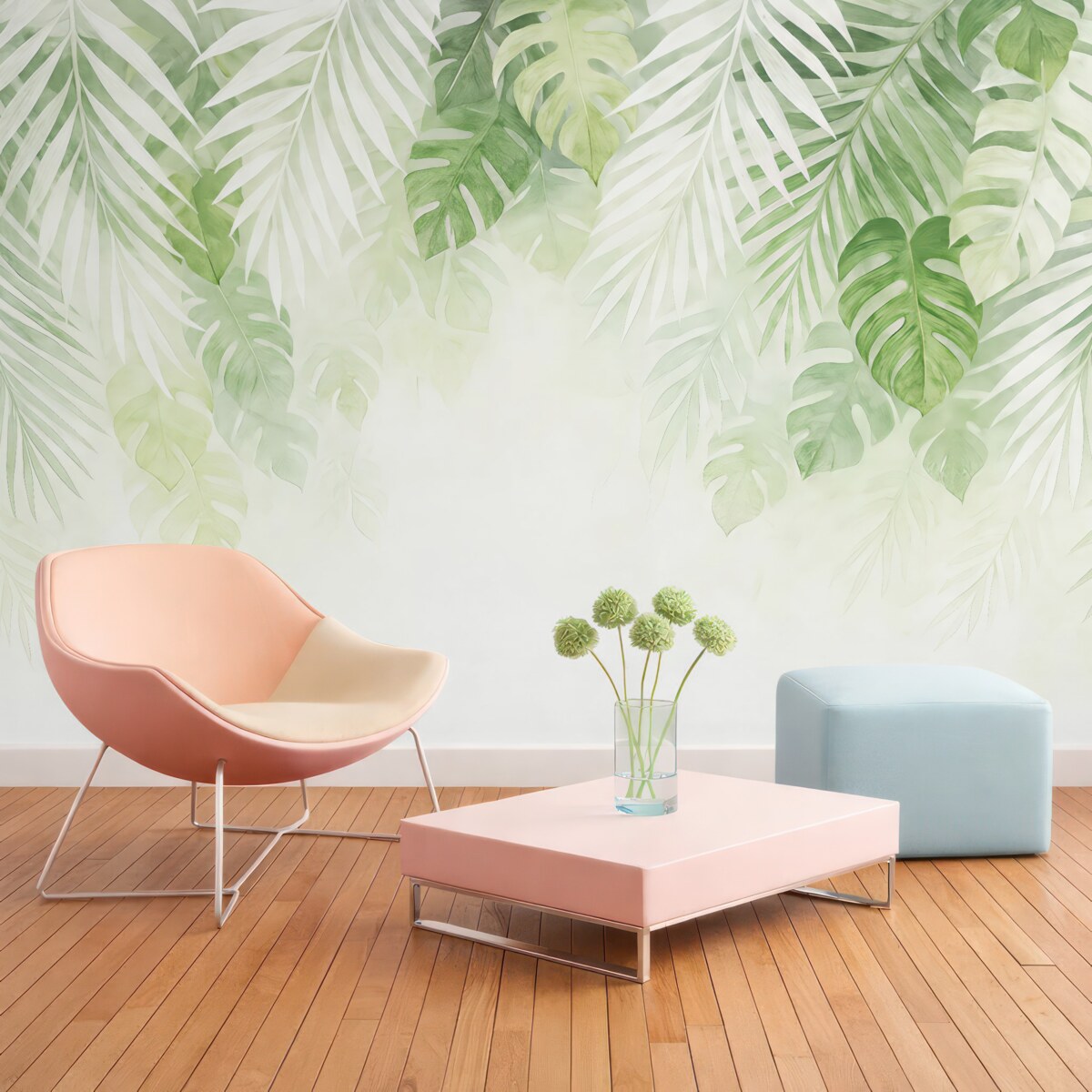 Fototapeta Liście tropikalne oraz gałązki, barwa biała i zielona.