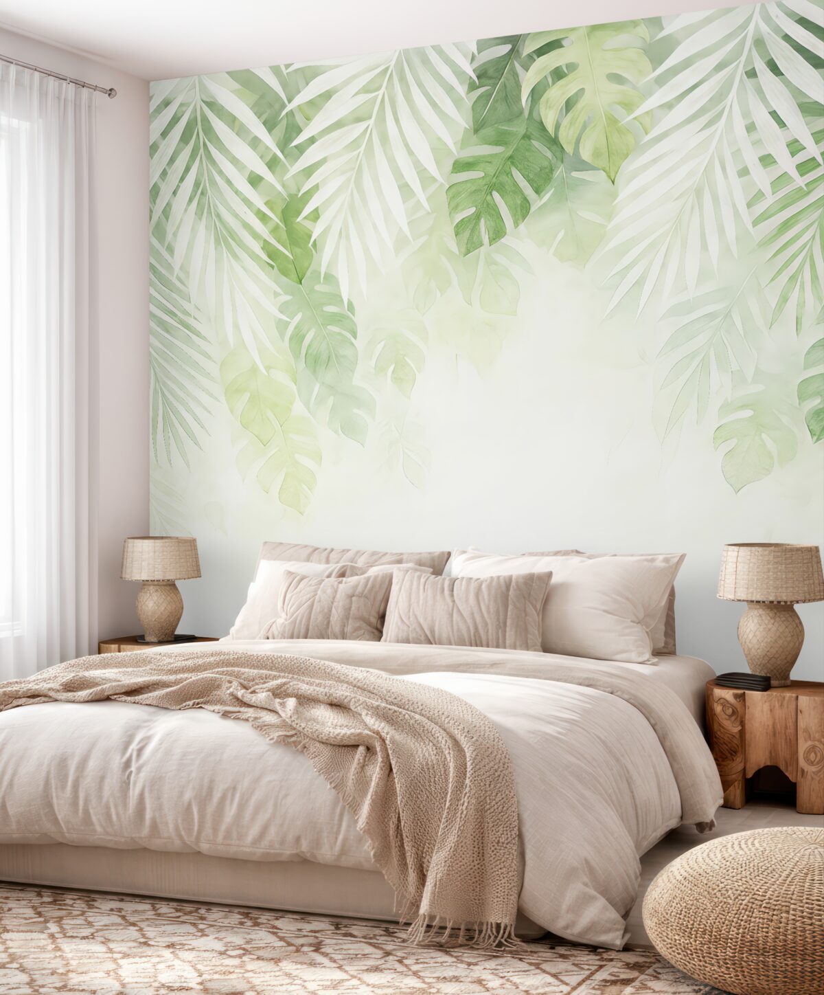 Fototapeta Liście tropikalne oraz gałązki, barwa biała i zielona.