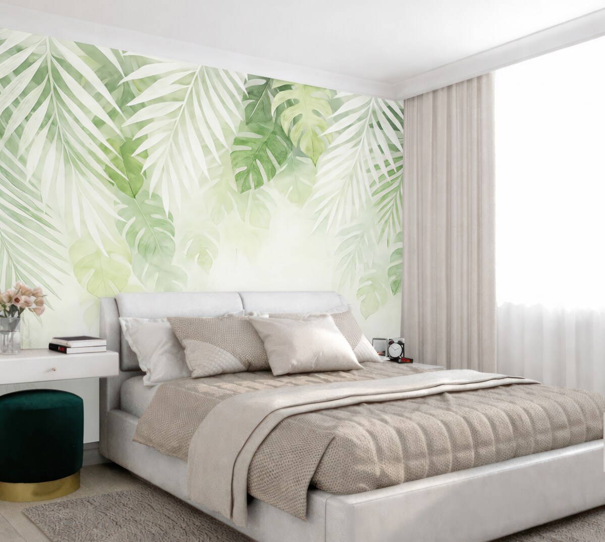 Fototapeta Liście tropikalne oraz gałązki, barwa biała i zielona.