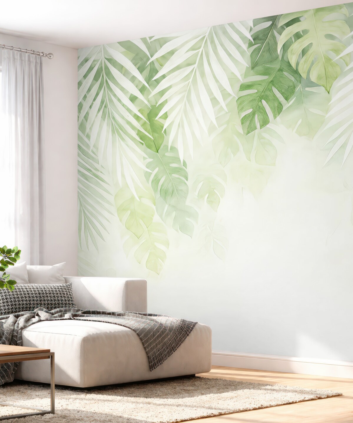 Fototapeta Liście tropikalne oraz gałązki, barwa biała i zielona.