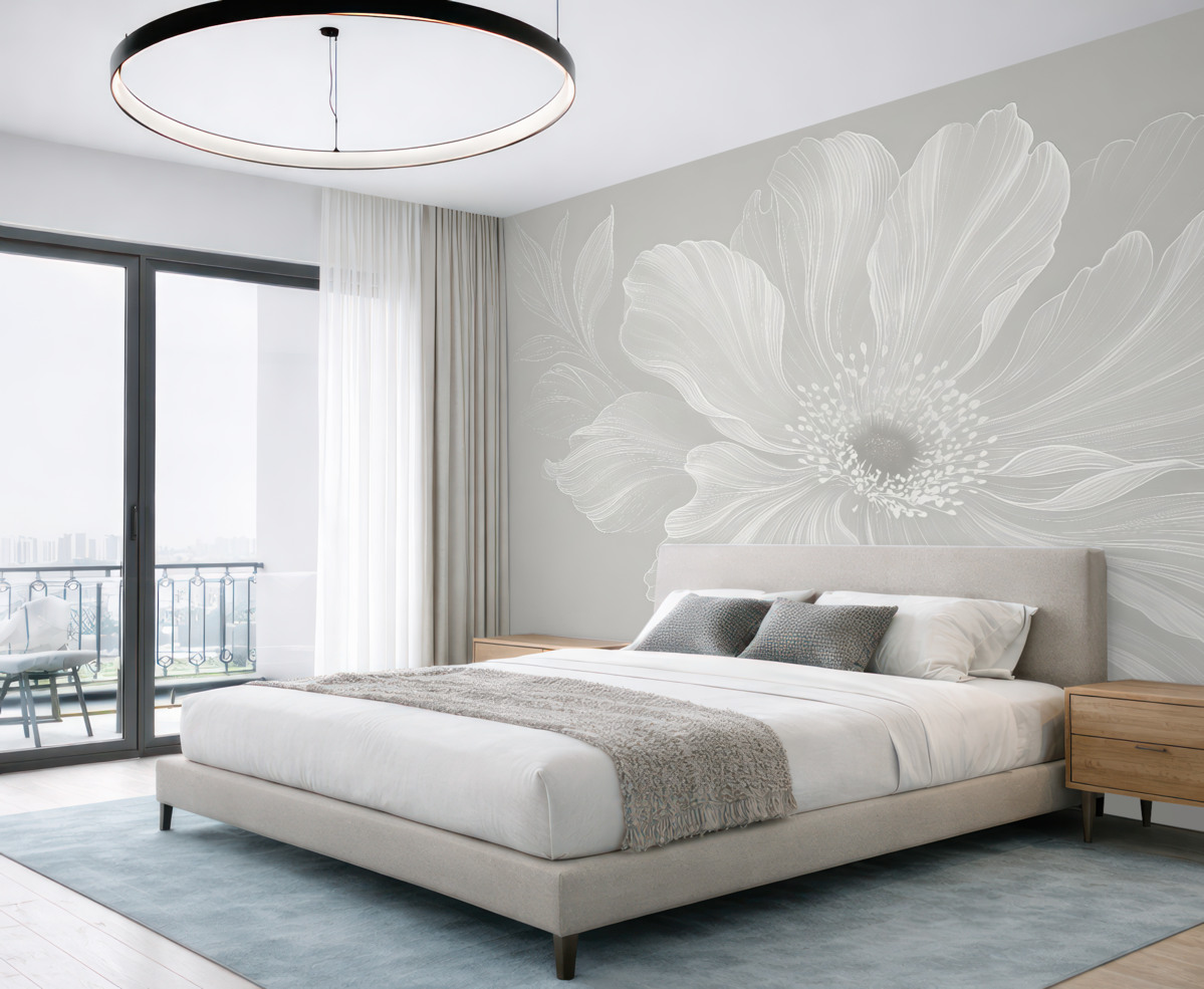 Fototapeta Zbliżenie dużego białego kwiatu z subtelnymi, wyrafinowanymi płatkami na jasnoszarym tle.