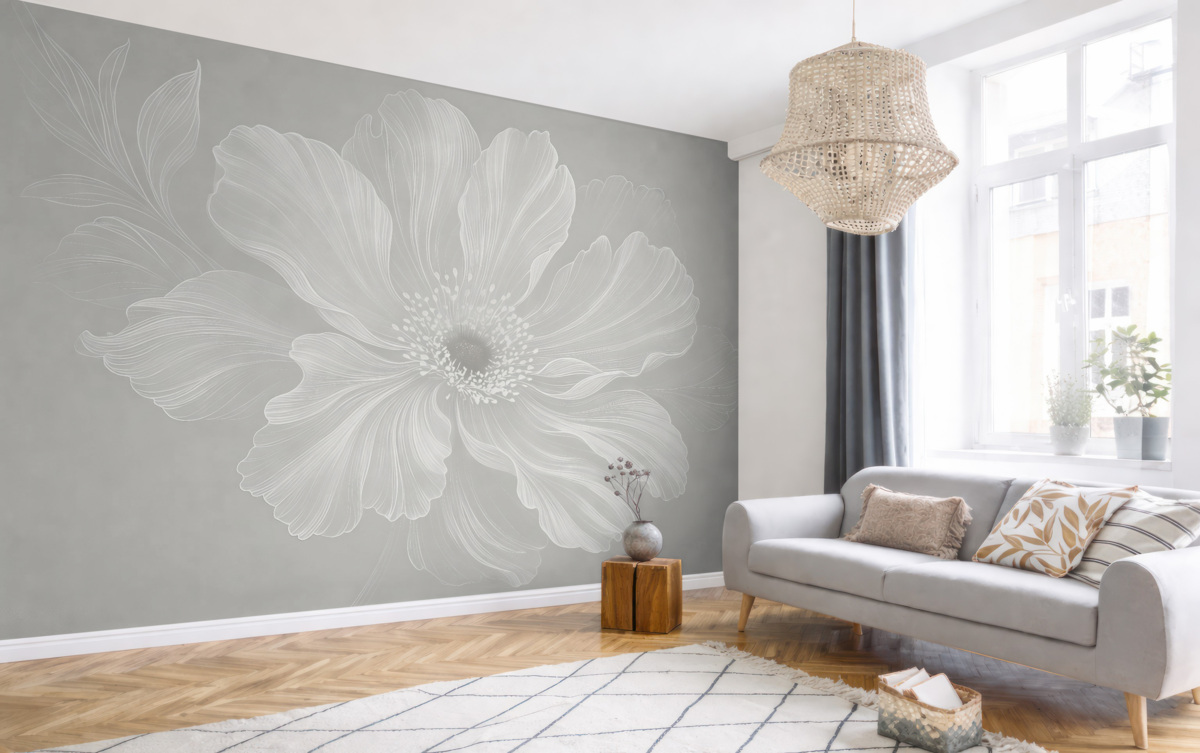 Fototapeta Zbliżenie dużego białego kwiatu z subtelnymi, wyrafinowanymi płatkami na jasnoszarym tle.