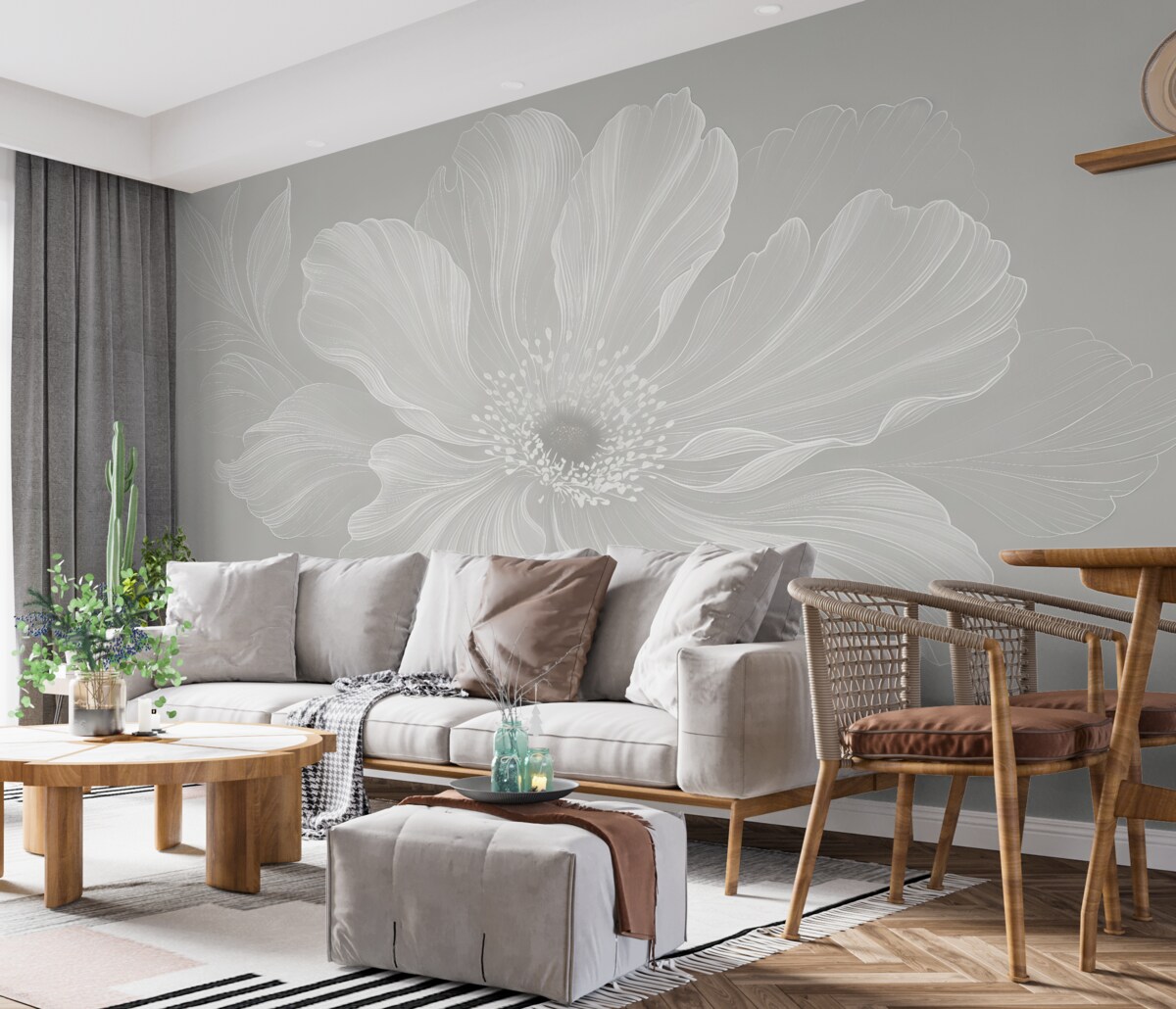 Fototapeta Zbliżenie dużego białego kwiatu z subtelnymi, wyrafinowanymi płatkami na jasnoszarym tle.