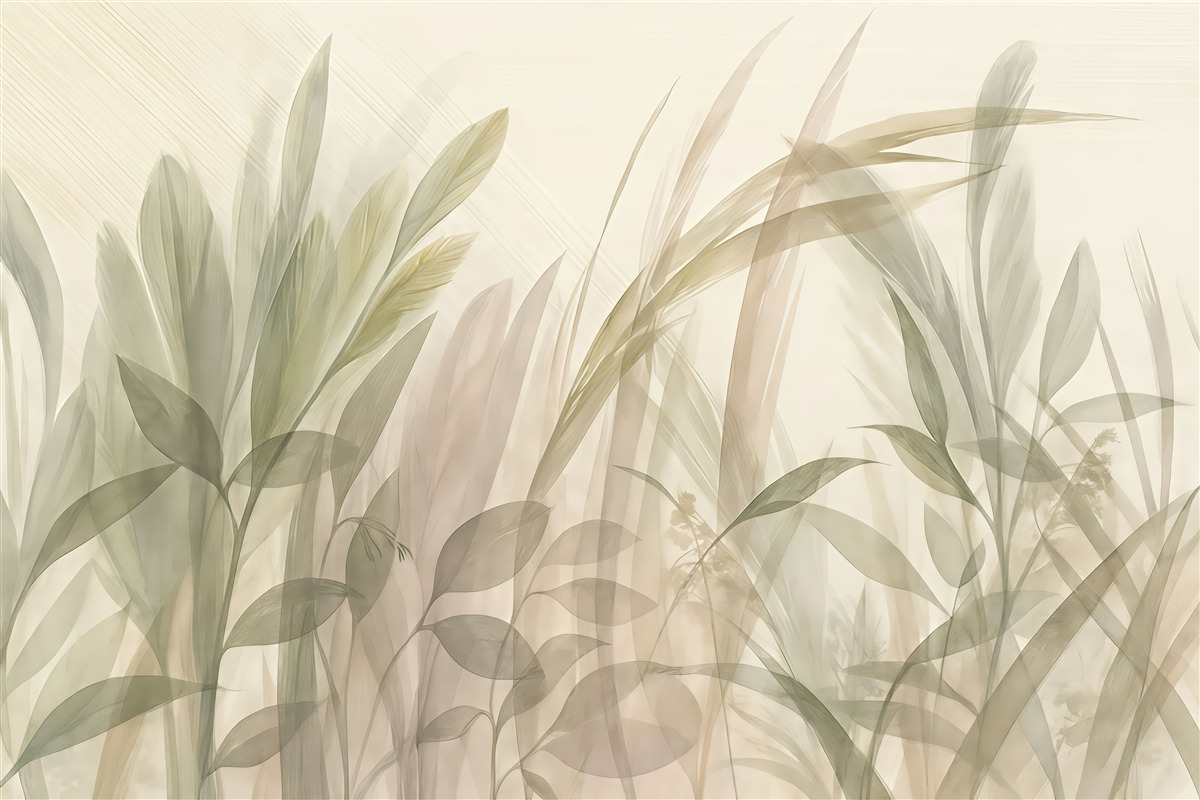 Fototapeta Abstrakcyjna multikompozycja nieostrych, zielonych liści tropikalnych w tonacjach jasnej zieleni i szarości.