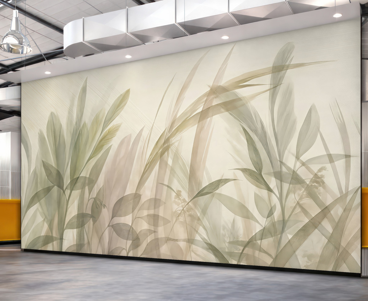 Fototapeta Abstrakcyjna multikompozycja nieostrych, zielonych liści tropikalnych w tonacjach jasnej zieleni i szarości.