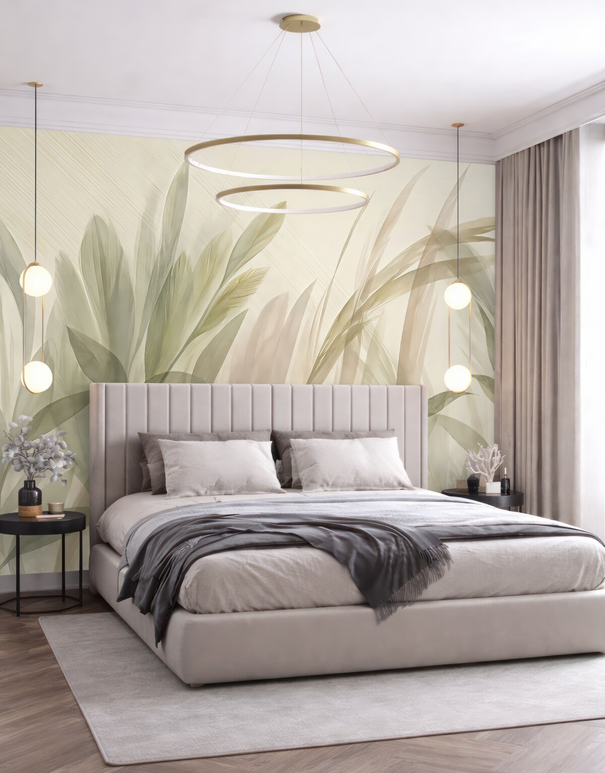 Fototapeta Abstrakcyjna multikompozycja nieostrych, zielonych liści tropikalnych w tonacjach jasnej zieleni i szarości.