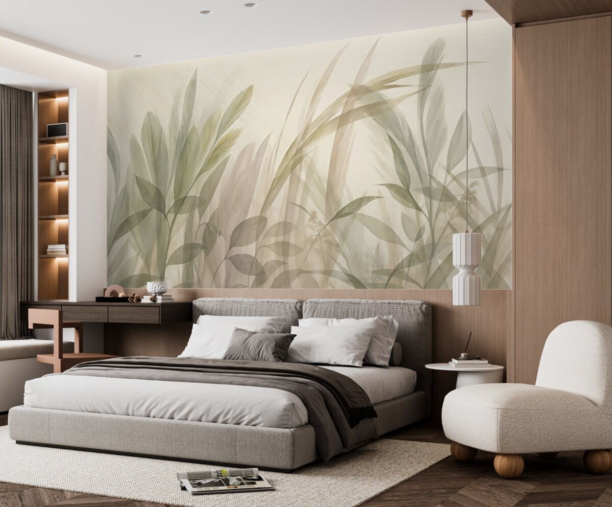 Fototapeta Abstrakcyjna multikompozycja nieostrych, zielonych liści tropikalnych w tonacjach jasnej zieleni i szarości.