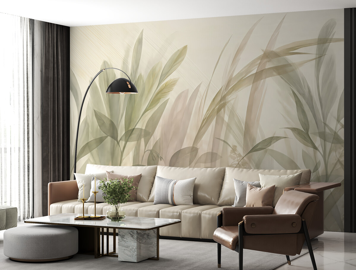 Fototapeta Abstrakcyjna multikompozycja nieostrych, zielonych liści tropikalnych w tonacjach jasnej zieleni i szarości.