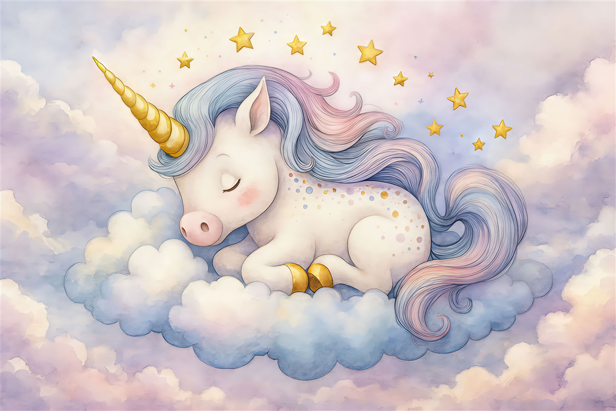 Fototapeta Biały jednorożec z tęczową fryzurą i ogonem leżący na chmurze na pastelowym niebie z gwiazdami.