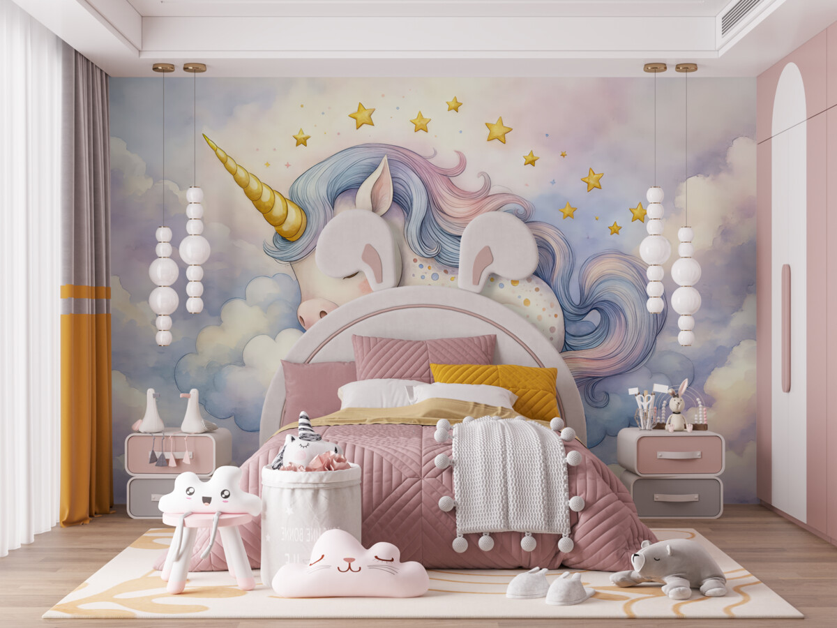 Fototapeta Biały jednorożec z tęczową fryzurą i ogonem leżący na chmurze na pastelowym niebie z gwiazdami.