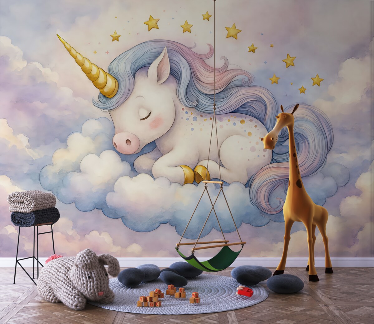 Fototapeta Biały jednorożec z tęczową fryzurą i ogonem leżący na chmurze na pastelowym niebie z gwiazdami.